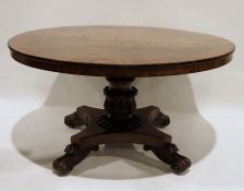 Early Victorian mahogany circular breakfast table on turned and carved column to quatrefoil base and