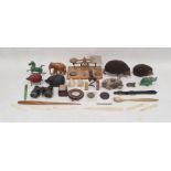 Miniature bronze model owl, sundry animal models, miniature playing cards, Royal Copenhagen china