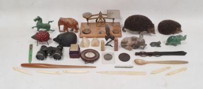Miniature bronze model owl, sundry animal models, miniature playing cards, Royal Copenhagen china