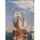 E C (?) Oil on canvas Sailing boat at anchor with rowing boats, monogrammed and dated '08 lower
