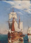 E C (?) Oil on canvas Sailing boat at anchor with rowing boats, monogrammed and dated '08 lower