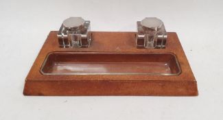Finnigans leather effect inkstand with pair cut glass and EPNS mounted inkwells