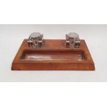 Finnigans leather effect inkstand with pair cut glass and EPNS mounted inkwells