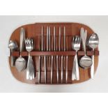 Mid century modern Elkington steel cutlery set on teak tray