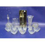Collection of cut glass including a flared cylindrical flower vase, on spreading foot, 25cm high,