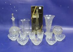 Collection of cut glass including a flared cylindrical flower vase, on spreading foot, 25cm high,