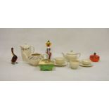 Susie Cooper part tea service painted with pink spots within green bands, comprising a teapot and