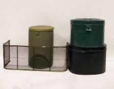 Two tin hat boxes, spark guard and a linen basket (4)