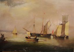 Unattributed Oil on canvas Harbour scene with sailing boats, a row boat in the foreground, the