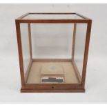 Old oak and glazed square display cabinet on narrow plinth base, 33cm high