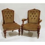 Pair of Victorian walnut lady's and gentleman's buttonback chairs on supports and castors (2)