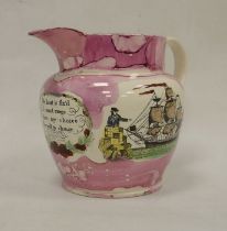 Sunderland lustreware creamware jug, circa 1830, printed, painted and lustred with maritime scene