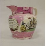 Sunderland lustreware creamware jug, circa 1830, printed, painted and lustred with maritime scene