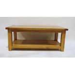 Modern oak two-tier rectangular coffee table on block supports, 120cm x 48cm