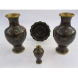 Pair of brown-ground cloisonne vases, allover floral decoration, inverse baluster shaped, 23cm high,