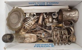 Collection of flatware, silver plate and other items, including shakers, salts, tongs, coasters, a