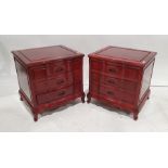 Pair of modern Chinese-style bedside chests in Eastern hardwood, with three drawers, on cabriole