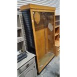 20th century oak shop display cabinet, the banded inlaid quartercut oak cornice above single