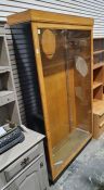 20th century oak shop display cabinet, the banded inlaid quartercut oak cornice above single