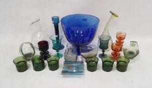 Collection of coloured glassware including three Wedgwood Sheringham candlestick holders designed by
