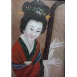 20th century Chinese school  Reverse glass painting Figure with harp 47.5 x 33.5 cm