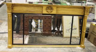 19th century-style overmantel mirror with moulded cornice, column pilasters, three-plate glass,