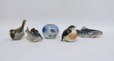 Four Royal Copenhagen models comprising a robin, another bird and two fish of animals, largest 8cm