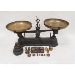 Pair old cast iron balance scales with various brass and cast iron weights