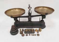 Pair old cast iron balance scales with various brass and cast iron weights