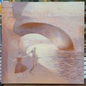 Two modern paintings on canvas, of dancers and a bridge scene, both signed David Eatwell