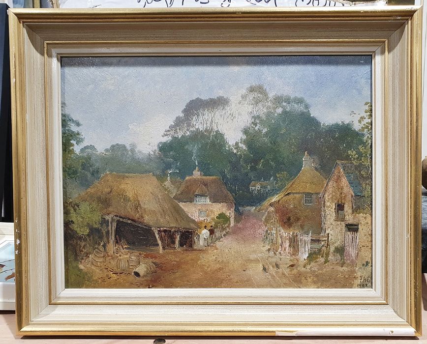 Richards Oil on board Two finches, signed lower right together with Oil on board Village scene, - Image 4 of 14