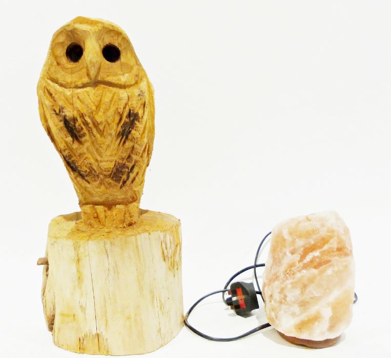 Salt crystal table lamp and a carved model of an owl (2)