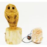 Salt crystal table lamp and a carved model of an owl (2)
