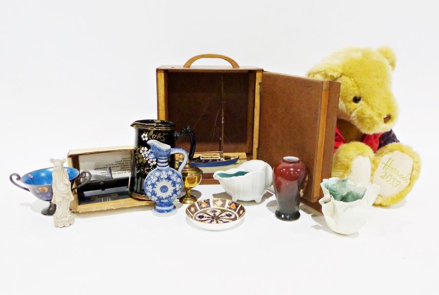 Harrods 2017 teddy bear, a small wooden model of a sailboat in wooden case, a Poole pottery shell - Image 2 of 3