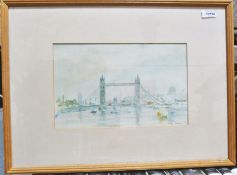 A watercolour of Tower Bridge, signed John Gavin to bottom right, seven further watercolours by