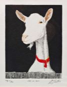 E. Eeattie  Print "Lady in red", artist's proof depicting a goat with red neck tie together with