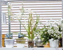 A quantity of potted faux plants and flowers. In varied pots and vases to include an oval planter