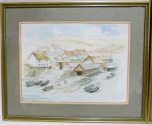 Three watercolours to include scene of town near sea, lake scene and another of seaside town