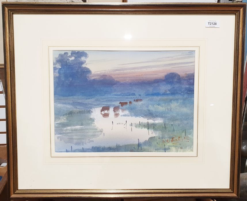 Watercolour Entitled verso cattle to water, indistinctly signed lower right, together with an Ink - Image 2 of 7