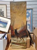 Oil painting of a stag in landscape, unsigned, together with various prints and two modern gilt