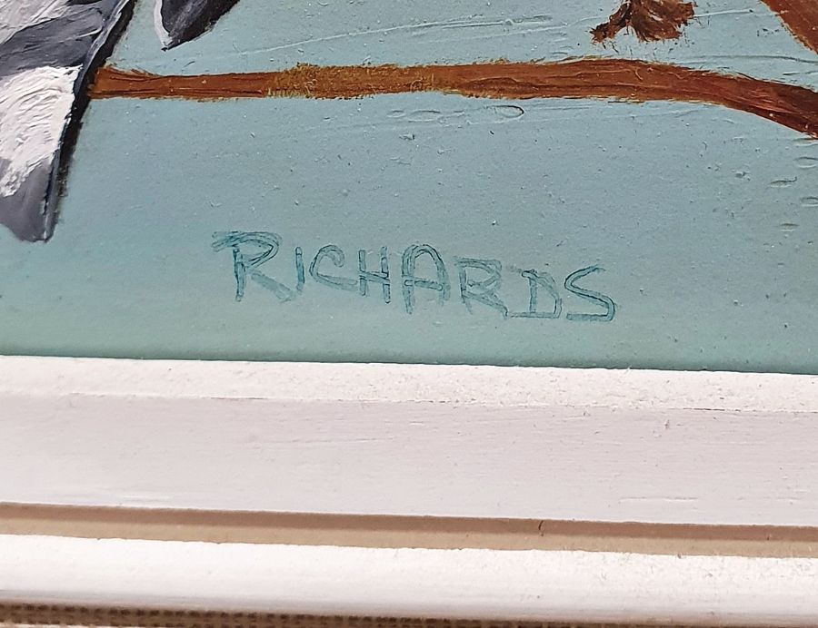 Richards Oil on board Two finches, signed lower right together with Oil on board Village scene, - Image 3 of 14