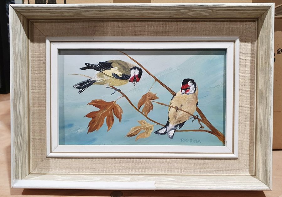 Richards Oil on board Two finches, signed lower right together with Oil on board Village scene, - Image 2 of 14