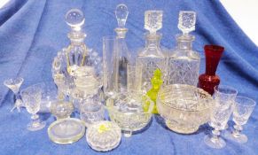 Pair of cut glass decanters together with various wine glasses, sherry glasses, etc. and further