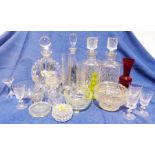 Pair of cut glass decanters together with various wine glasses, sherry glasses, etc. and further