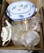 A box of china and glassware to include an Art Nouveau enamelled glass vase, a Spode fine stone