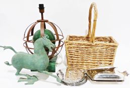 Metal model of a horse, various plated wares, a wicker basket and a table lamp