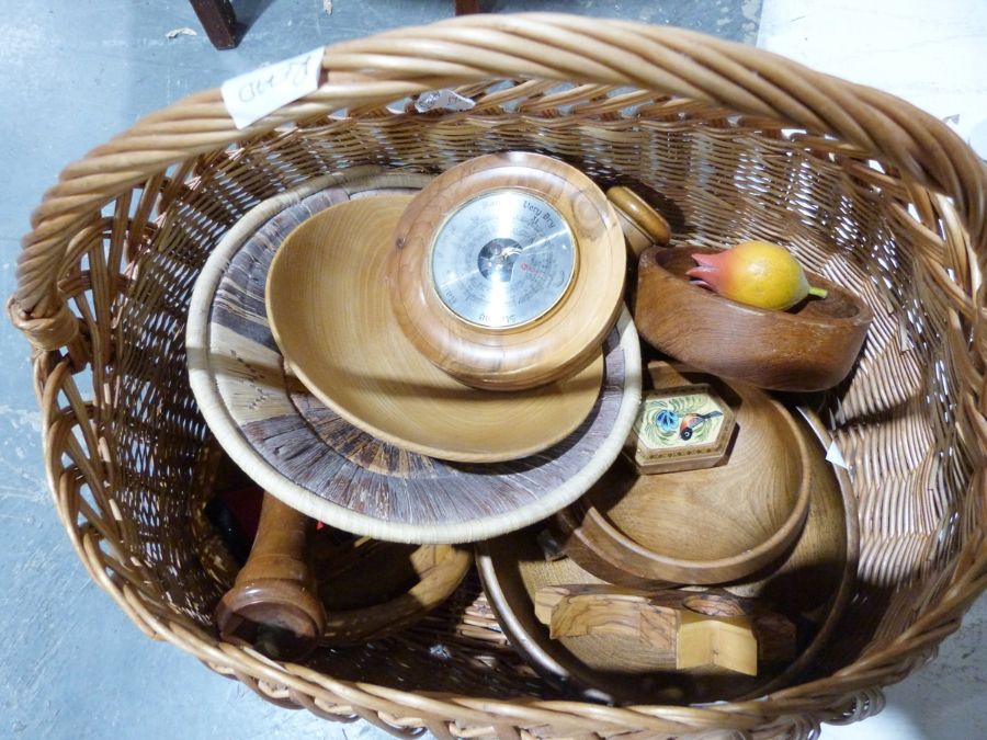 Carved wooden model of an elephant, various turned wooden bowls, pair of bellows, a large wicker - Image 2 of 2