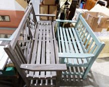 Wooden garden bench together with another painted wooden garden bench (2)
