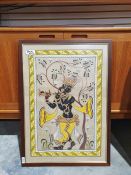 Oil on linen Indian scene of a deity playing a flute together with two further paintings of