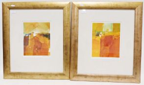 Two modern abstract prints of landscapes, indistinctly signed lower right together with three